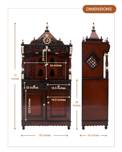 Divine Palace Large Floor Rested Pooja Mandap with Door (Brown Gold)