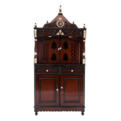 Divine Palace Large Floor Rested Pooja Mandap/Wooden temple with doors for home in Brown Gold color front view