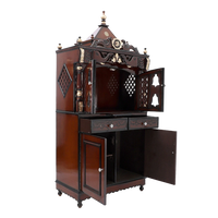 Divine Palace Large Floor Rested Pooja Mandap/Wooden temple with doors for home in Brown Gold color 45° side view open drawers