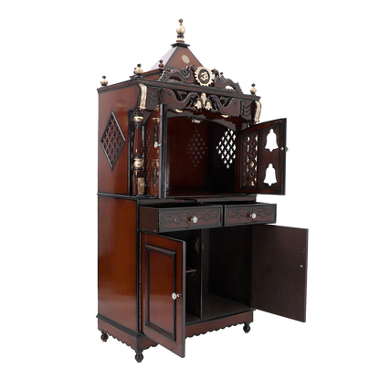 Divine Palace Large Floor Rested Pooja Mandap/Wooden temple with doors for home in Brown Gold color 45° side view open drawers