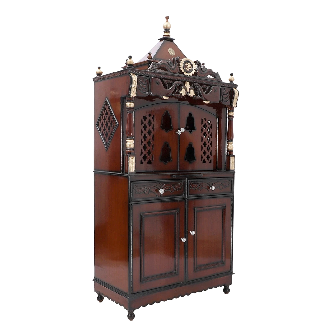 Divine Palace Large Floor Rested Pooja Mandap/Wooden temple with doors for home in Brown Gold color 45° side view