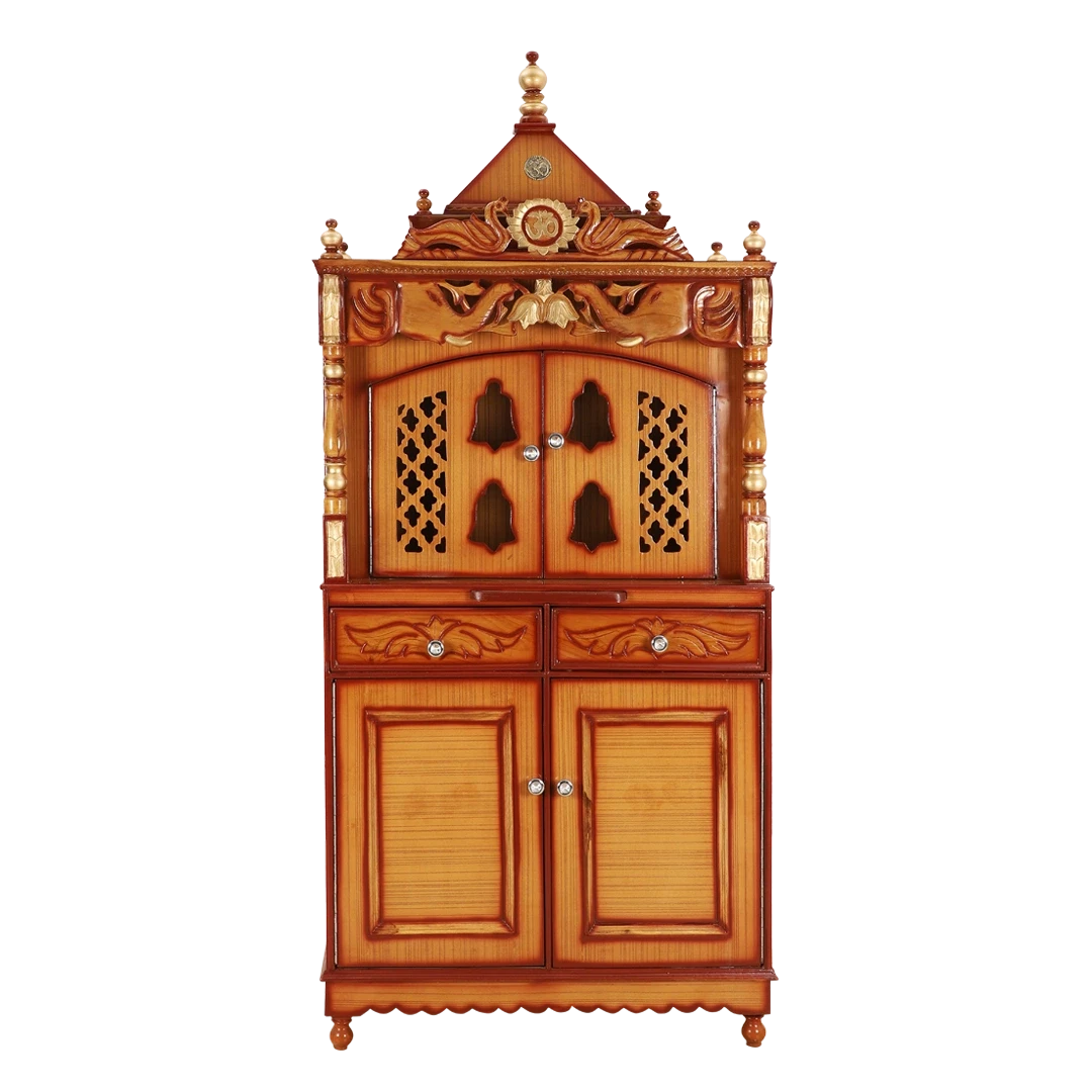 Divine Palace Large Floor Rested Pooja Mandap/Wooden temple with doors for home in Teak Gold color front view
