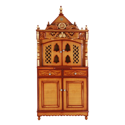 Divine Palace Large Floor Rested Pooja Mandap/Wooden temple with doors for home in Teak Gold color front view