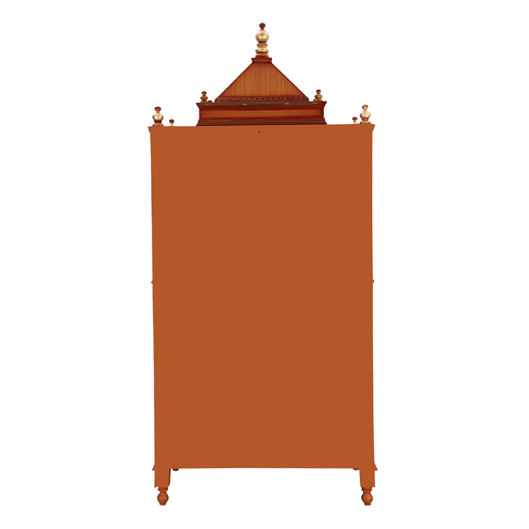 Divine Palace Large Floor Rested Pooja Mandap/Wooden temple with doors for home in Teak Gold color back view