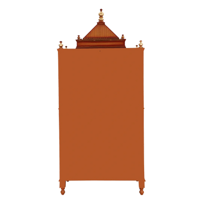 Divine Palace Large Floor Rested Pooja Mandap/Wooden temple with doors for home in Teak Gold color back view