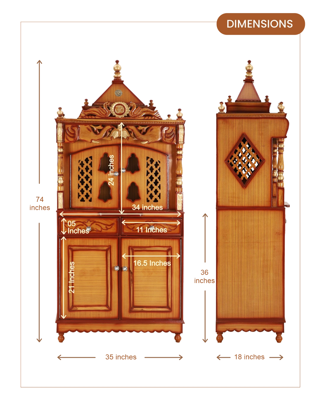 Divine Palace Large Floor Rested Pooja Mandap with Door (Teak Gold)