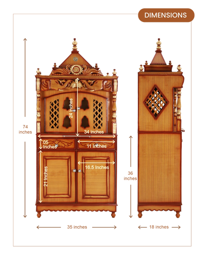 Divine Palace Large Floor Rested Pooja Mandap with Door (Teak Gold)