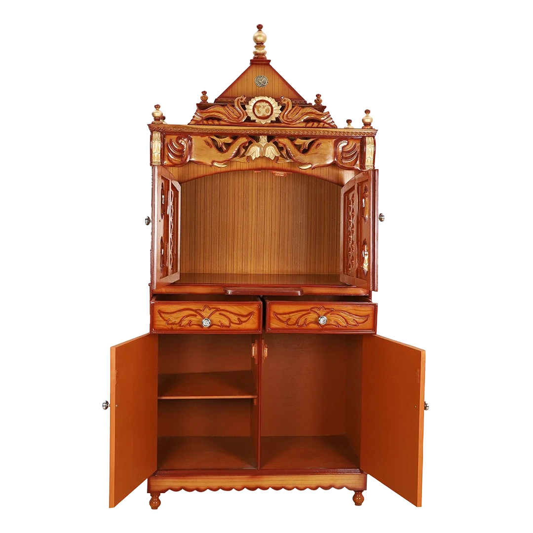 Divine Palace Large Floor Rested Pooja Mandap/Wooden temple with doors for home in Teak Gold color front view open drawers