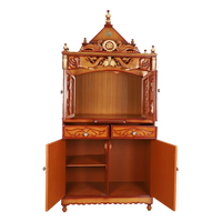 Divine Palace Large Floor Rested Pooja Mandap/Wooden temple with doors for home in Teak Gold color front view open drawers