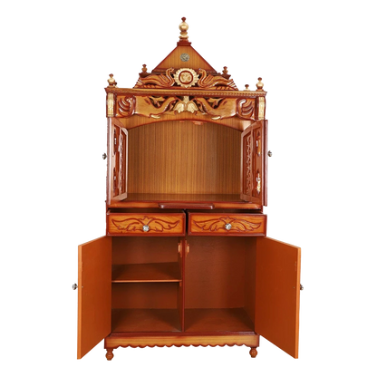 Divine Palace Large Floor Rested Pooja Mandap/Wooden temple with doors for home in Teak Gold color front view open drawers