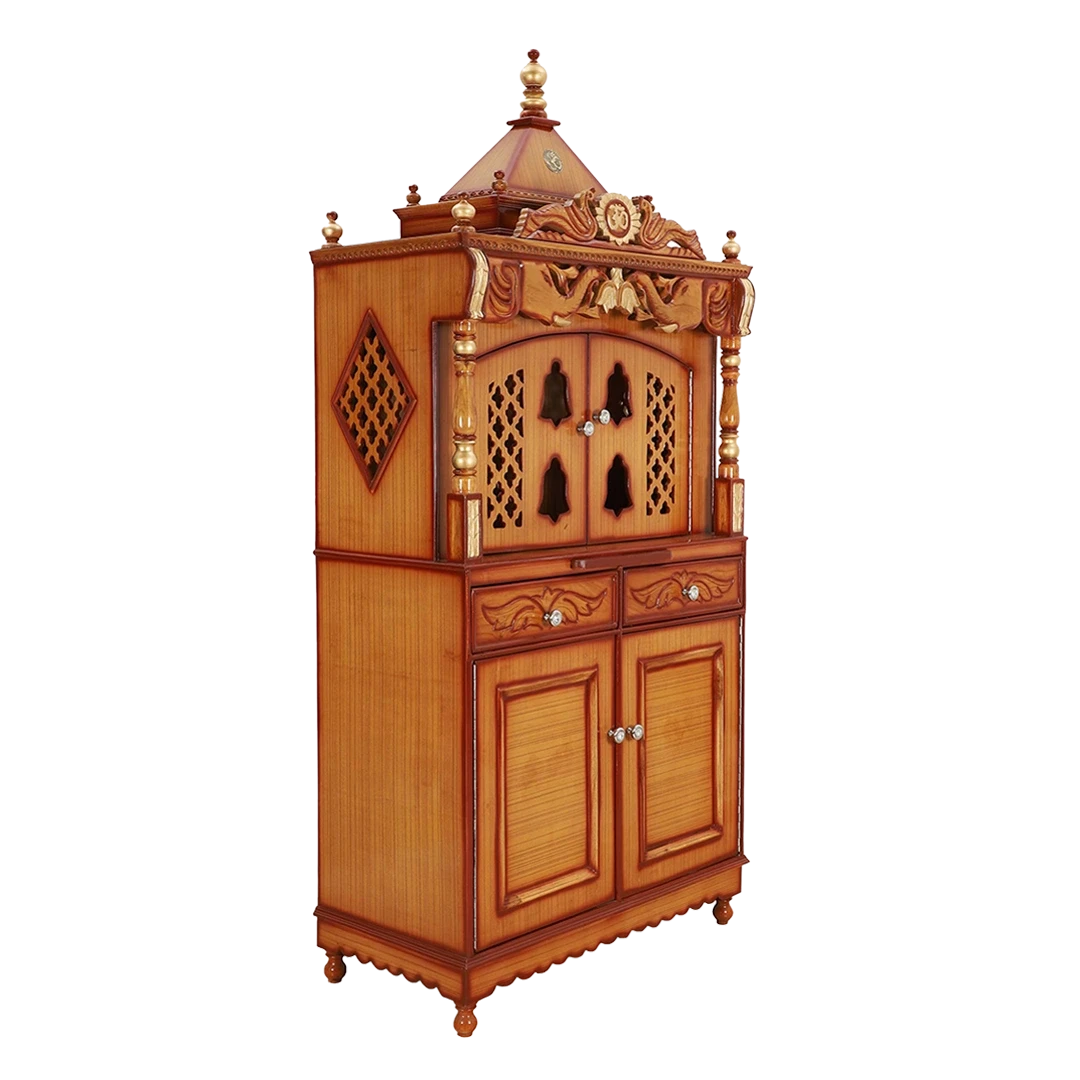 Divine Palace Large Floor Rested Pooja Mandap/Wooden temple with doors for home in Teak Gold color 45° side view