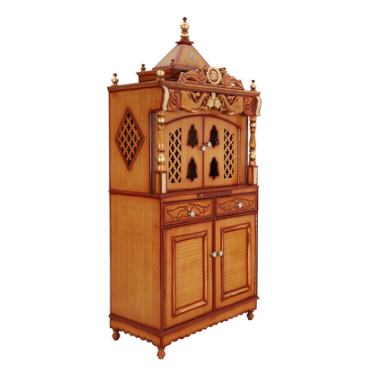 Divine Palace Large Floor Rested Pooja Mandap/Wooden temple with doors for home in Teak Gold color 45° side view