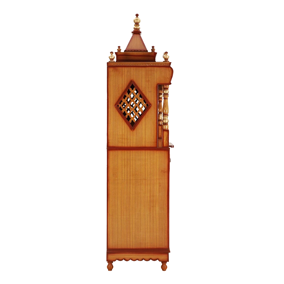 Divine Palace Large Floor Rested Pooja Mandap/Wooden temple with doors for home in Teak Gold color side view featuring jali design and Pillars