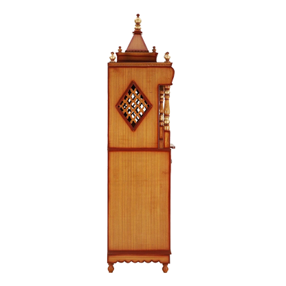 Divine Palace Large Floor Rested Pooja Mandap/Wooden temple with doors for home in Teak Gold color side view featuring jali design and Pillars
