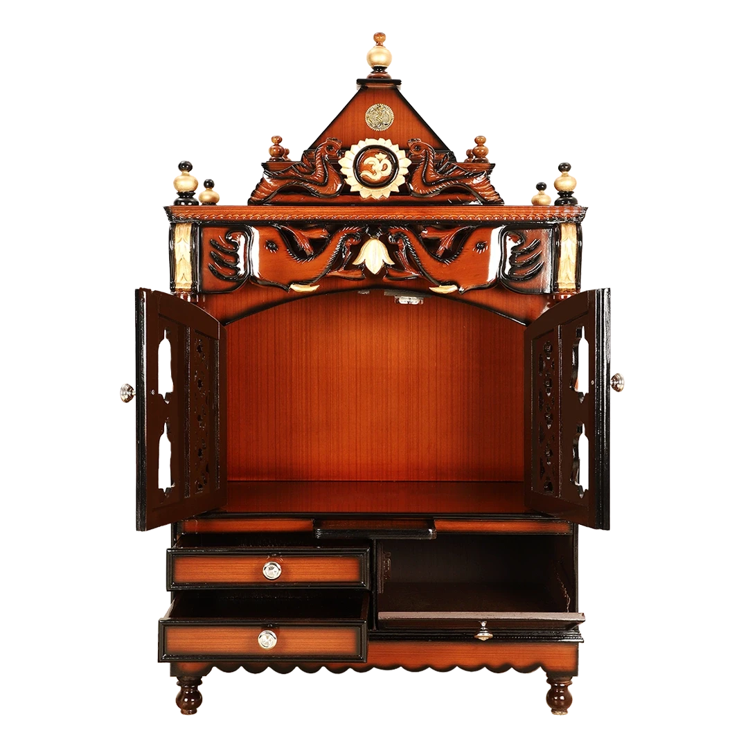 Divine Home Medium Floor Rested Pooja Mandir/Wooden temple with doors for home in Brown Gold color front view open drawers