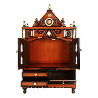 Divine Home Medium Floor Rested Pooja Mandir/Wooden temple with doors for home in Brown Gold color front view open drawers