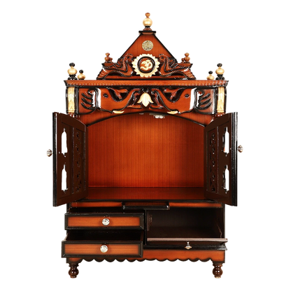 Divine Home Medium Floor Rested Pooja Mandir/Wooden temple with doors for home in Brown Gold color front view open drawers