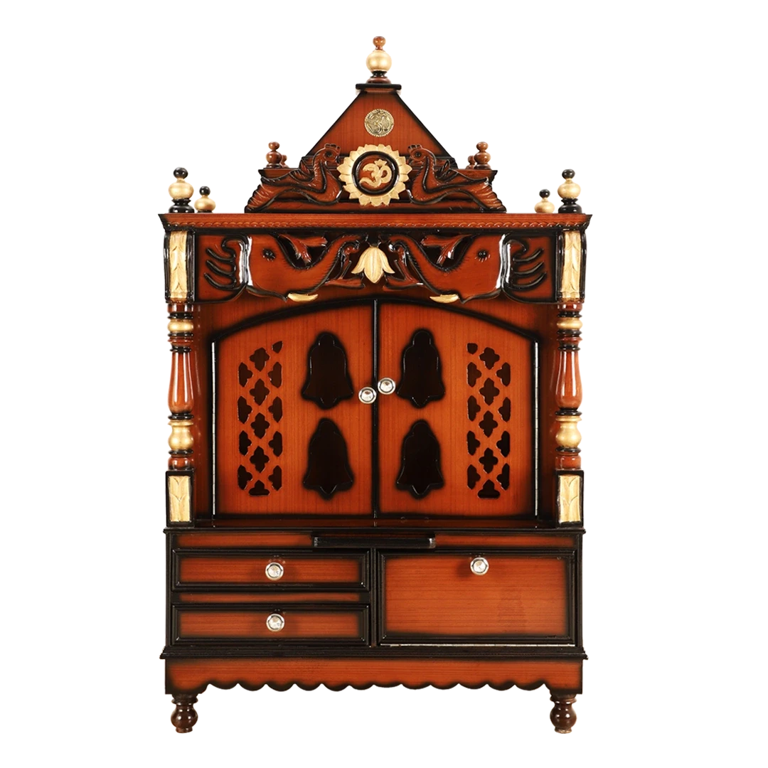 Divine Home Medium Floor Rested Pooja Mandir/Wooden temple with doors for home in Brown Gold color front view