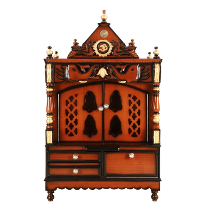 Divine Home Medium Floor Rested Pooja Mandir/Wooden temple with doors for home in Brown Gold color front view
