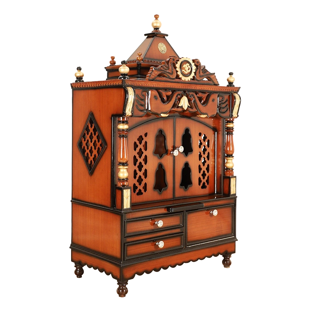 Divine Home Medium Floor Rested Pooja Mandir/Wooden temple with doors for home in Brown Gold color 45° side view