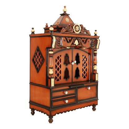 Divine Home Medium Floor Rested Pooja Mandir/Wooden temple with doors for home in Brown Gold color 45° side view