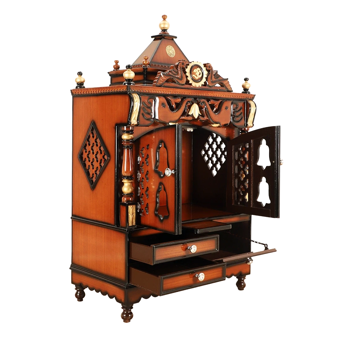 Divine Home Medium Floor Rested Pooja Mandir/Wooden temple with doors for home in Brown Gold color 45° side view open drawers 1