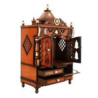 Divine Home Medium Floor Rested Pooja Mandir/Wooden temple with doors for home in Brown Gold color 45° side view open drawers 1