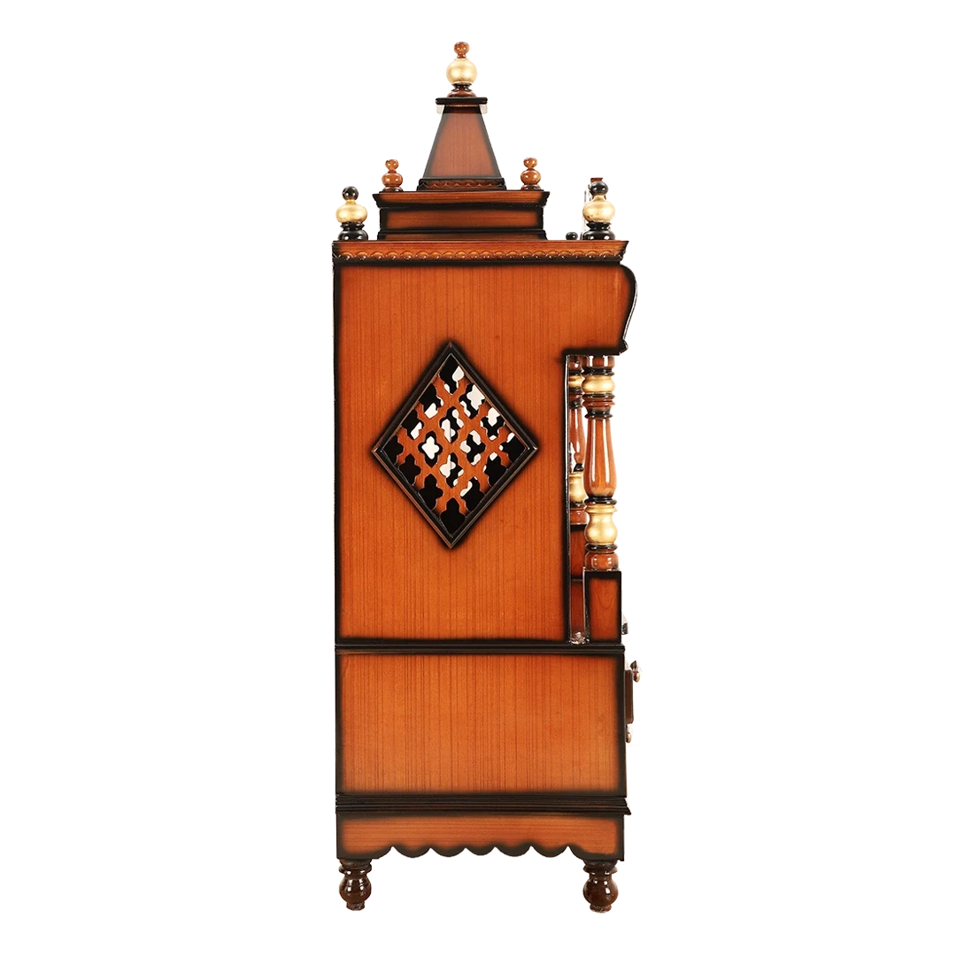 Divine Home Medium Floor Rested Pooja Mandir/Wooden temple with doors for home in Brown Gold color side view featuring jali design and Pillars