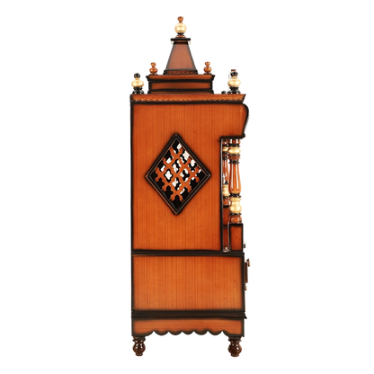 Divine Home Medium Floor Rested Pooja Mandir/Wooden temple with doors for home in Brown Gold color side view featuring jali design and Pillars