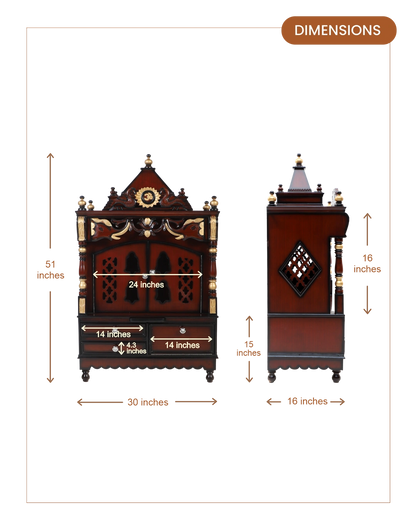 Divya Darshan Floor Rested Pooja Mandir with Door (Brown Gold) dimensions