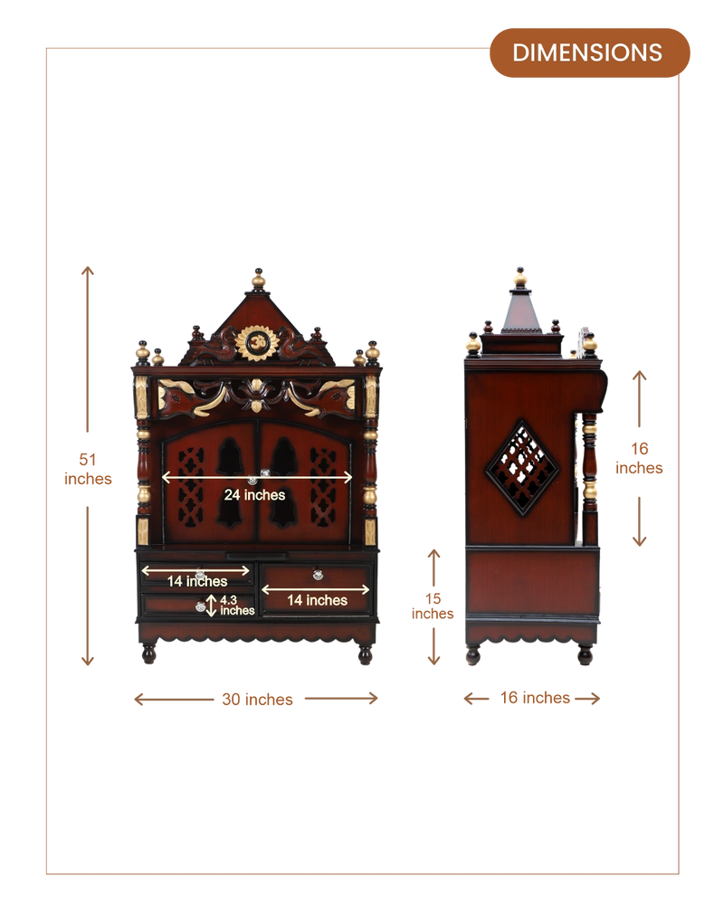 Divya Darshan Floor Rested Pooja Mandir with Door (Brown Gold) dimensions