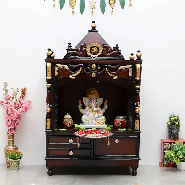 Divya Darshan Floor Rested Pooja Mandir with Door (Brown Gold) lifestyle view