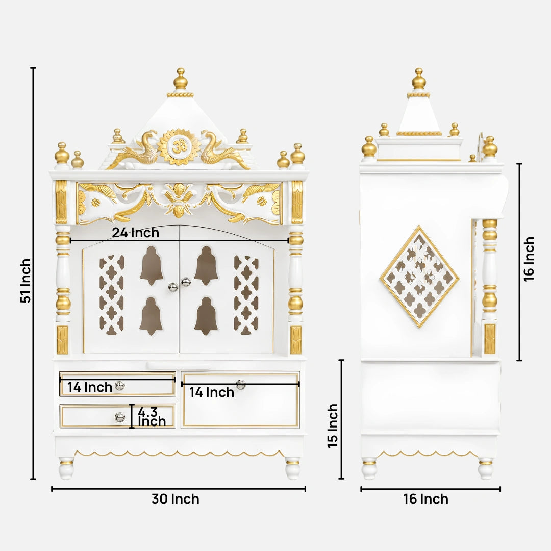 Divya Darshan Floor Rested Pooja Mandir with Door (White Gold) Dimensions