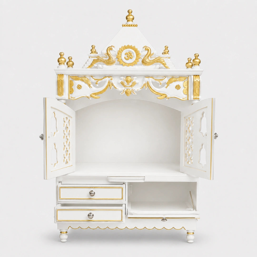 Divya Darshan Floor Rested Pooja Mandir with Door (White Gold) Front Angle Open Drawer