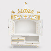 Divya Darshan Floor Rested Pooja Mandir with Door (White Gold) Front Angle Open Drawer