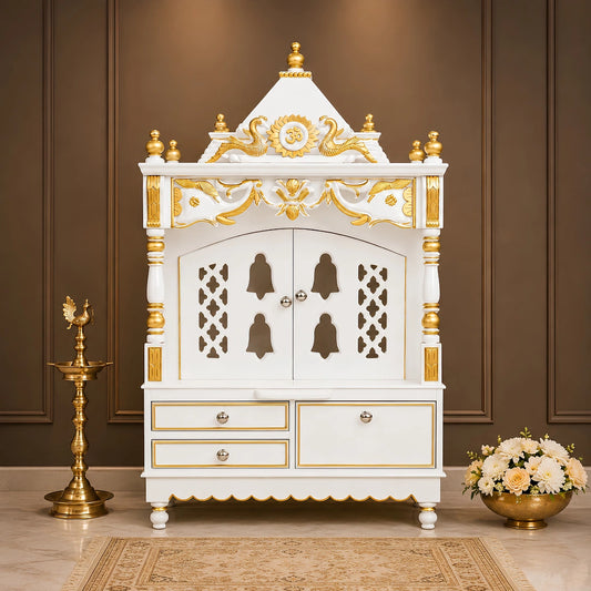 Divya Darshan Floor Rested Pooja Mandir with Door (White Gold) Lifestyle View