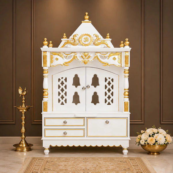 Divya Darshan Floor Rested Pooja Mandir with Door (White Gold) Lifestyle View
