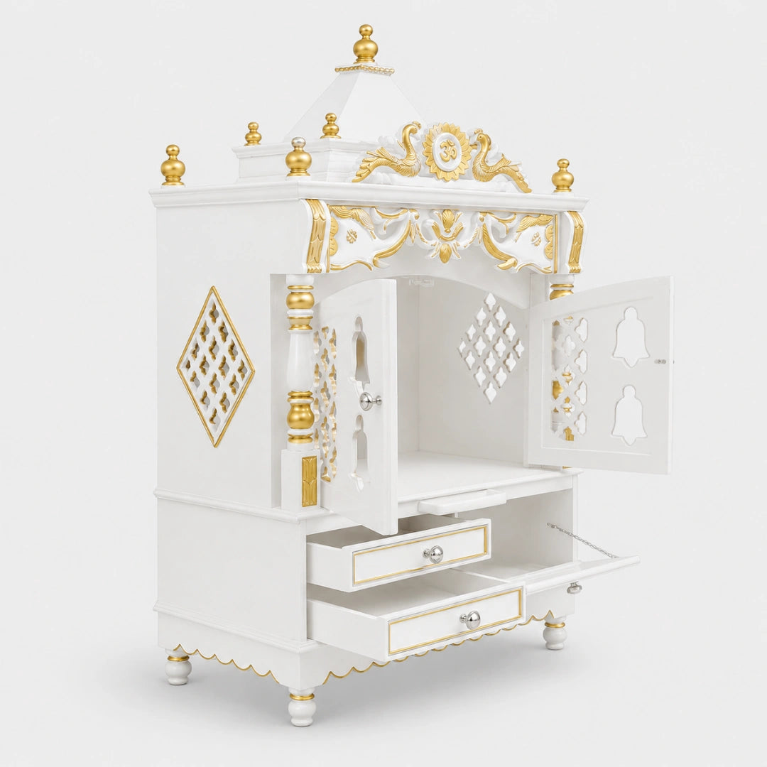 Divya Darshan Floor Rested Pooja Mandir with Door (White Gold) Side Angle