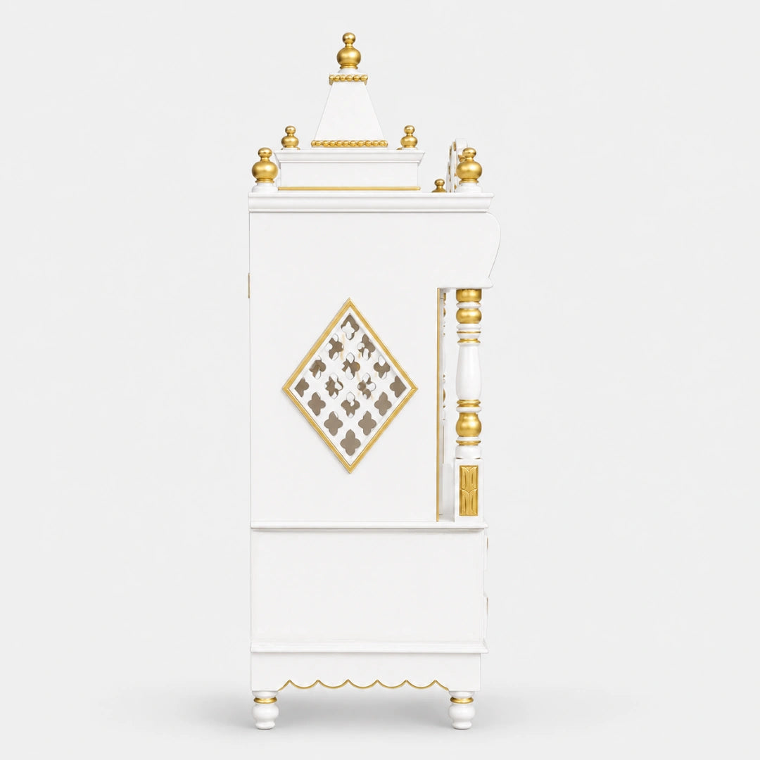Divya Darshan Floor Rested Pooja Mandir with Door (White Gold) Side View