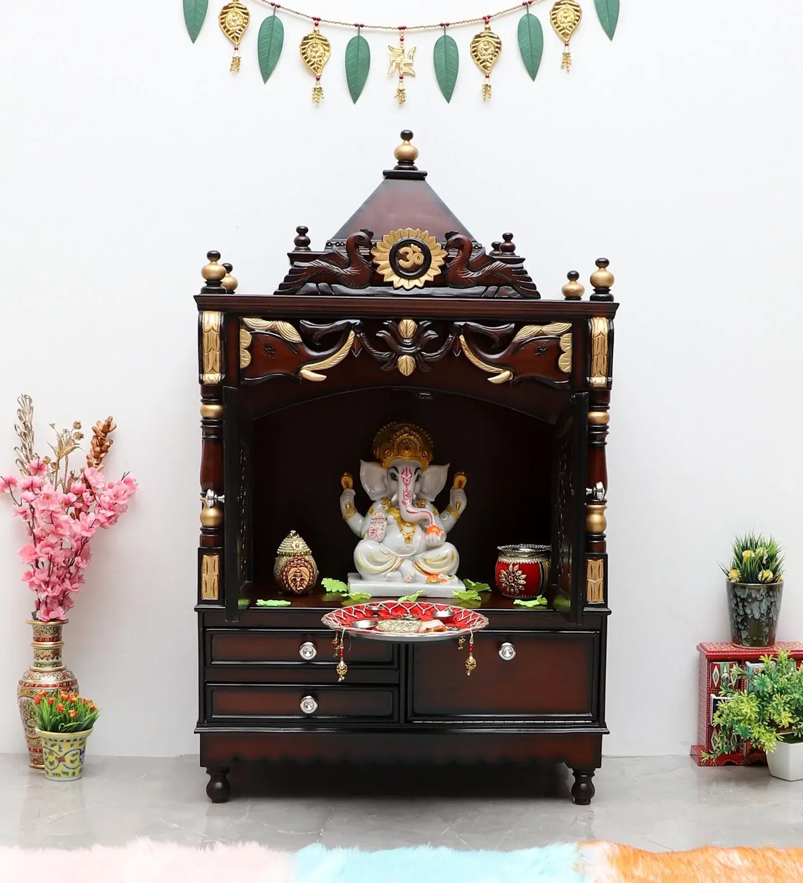 Divya Darshan Floor Rested Pooja Mandir with Door Brown Gold color lifestyle image