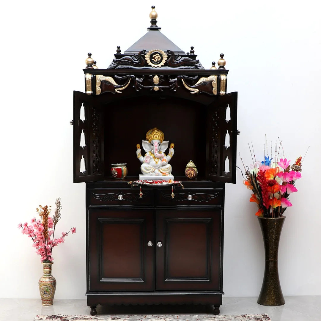 Divya Dham Large Floor Rested Pooja Mandap with Door (Brown Gold) lifestyle view