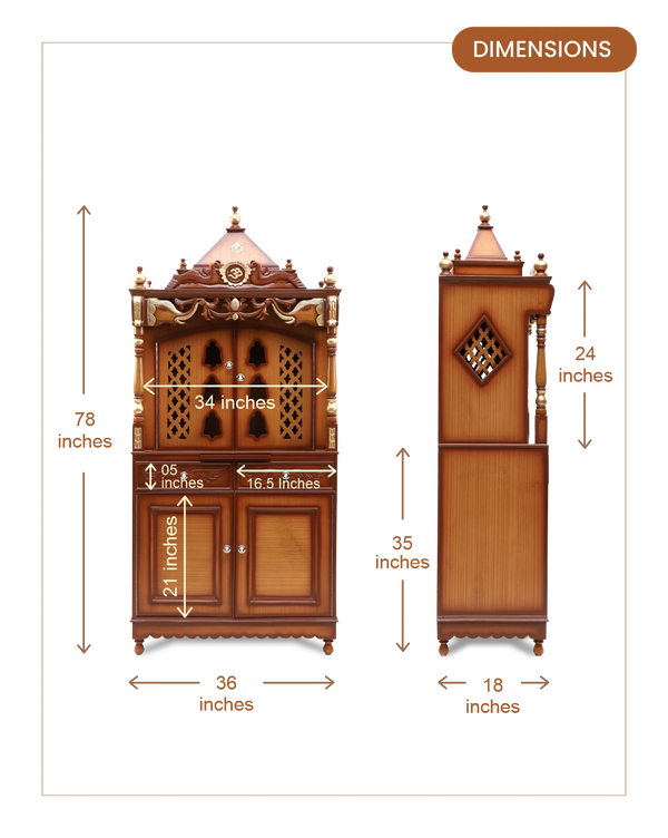 Divya Dham Large Floor Rested Pooja Mandap with Door (Teak Gold) dimensions
