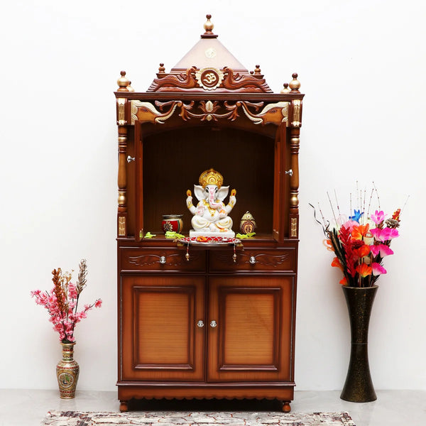 Divya Dham Large Floor Rested Pooja Mandap with Door (Teak Gold) lifestyle view