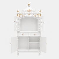 Divya Dham Large Floor Rested Pooja Mandap with Door (White Gold) Front View Open Drawers
