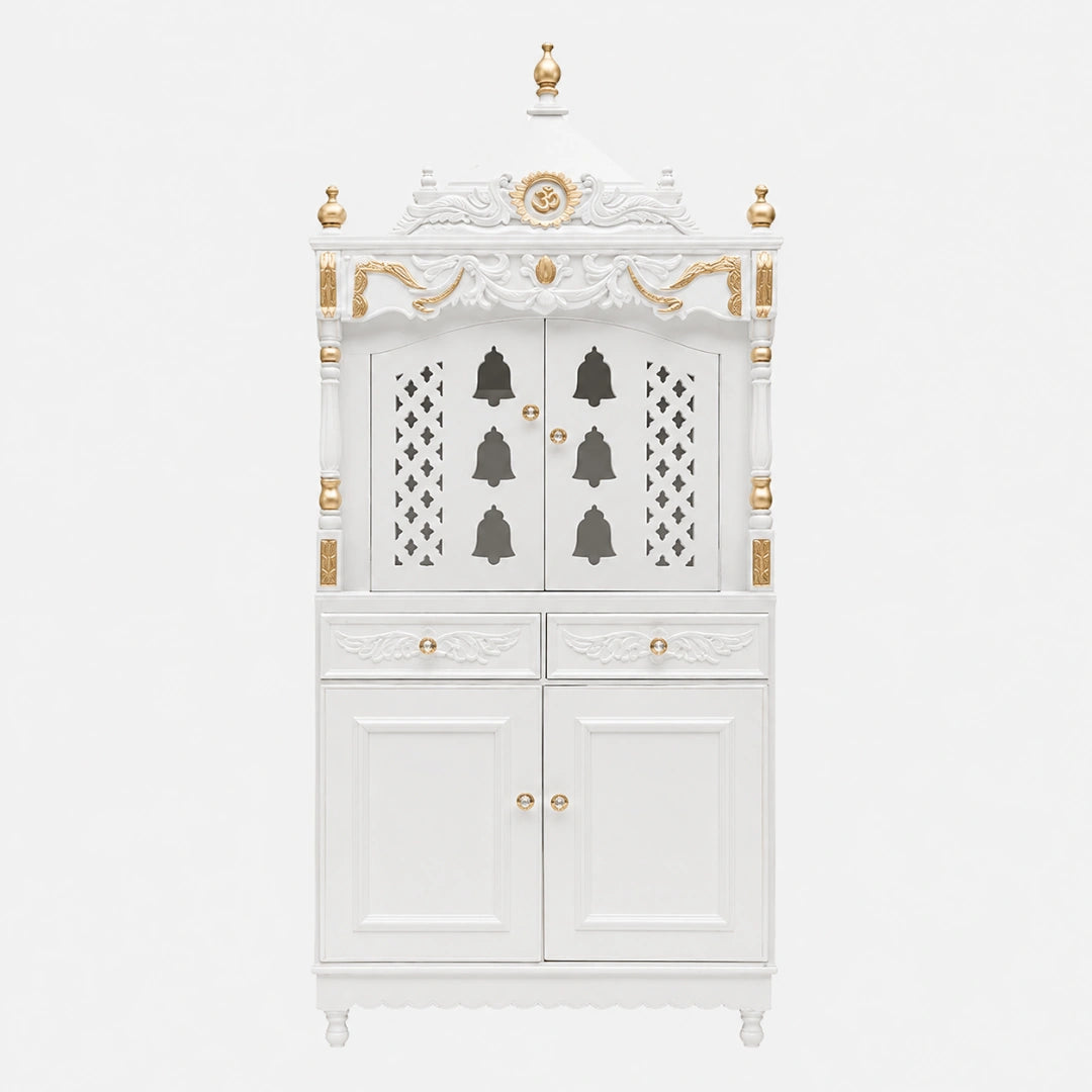 Divya Dham Large Floor Rested Pooja Mandap with Door (White Gold) Front View
