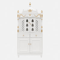 Divya Dham Large Floor Rested Pooja Mandap with Door (White Gold) Front View