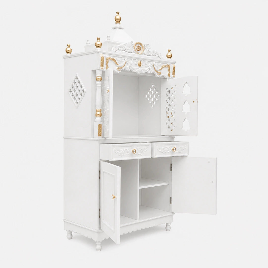 Divya Dham Large Floor Rested Pooja Mandap with Door (White Gold) Side View open drawers