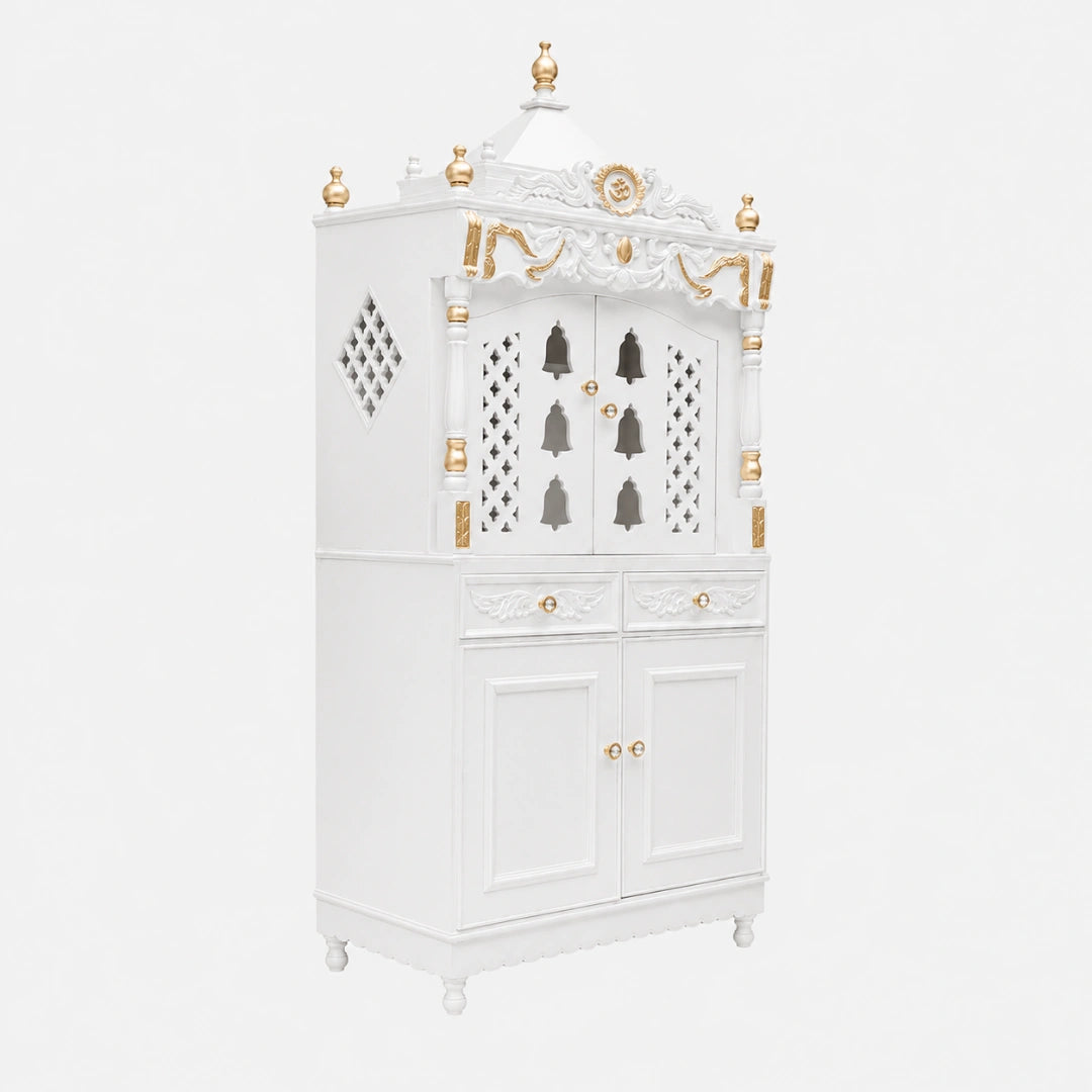 Divya Dham Large Floor Rested Pooja Mandap with Door (White Gold) Side View
