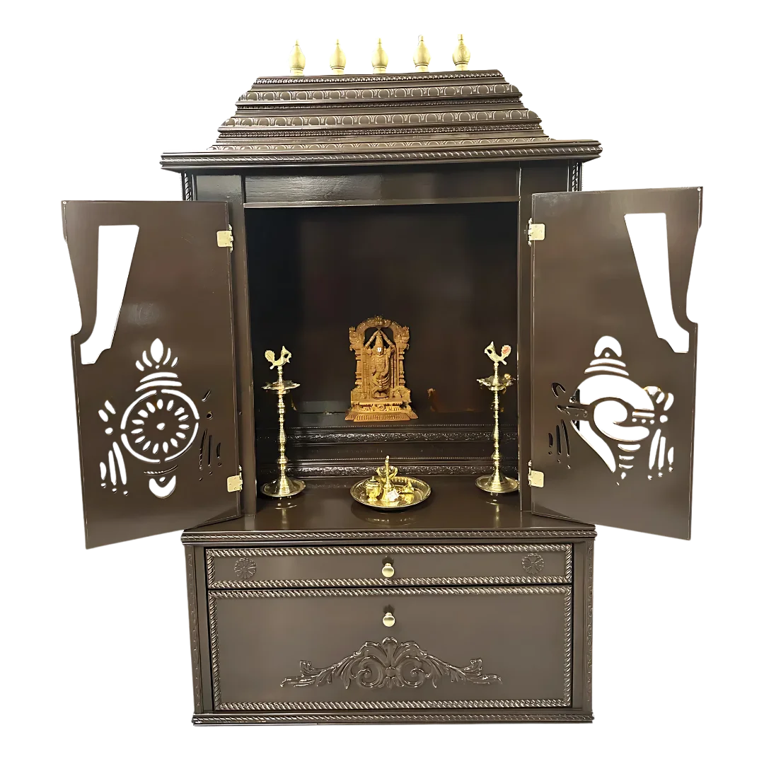 Divya Kosh Teak Wood Mandap (Choco Brown) side angle open door view