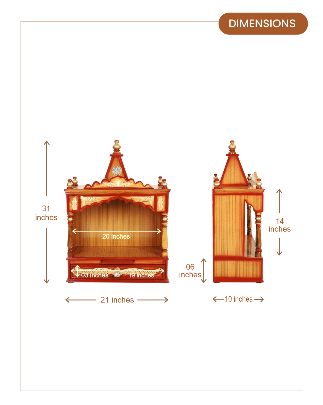Divya Prakostha Pooja Mandir Wall Mount without Door (Teak Gold) dimensions